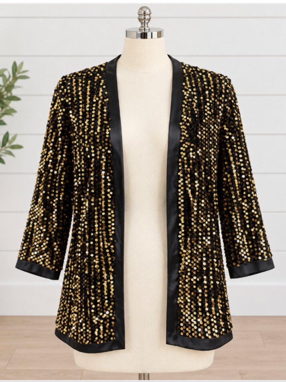 ALLEGRA K Black Velvet Gold Sequin 3/4 Sleeve Open Front Jacket S NWT